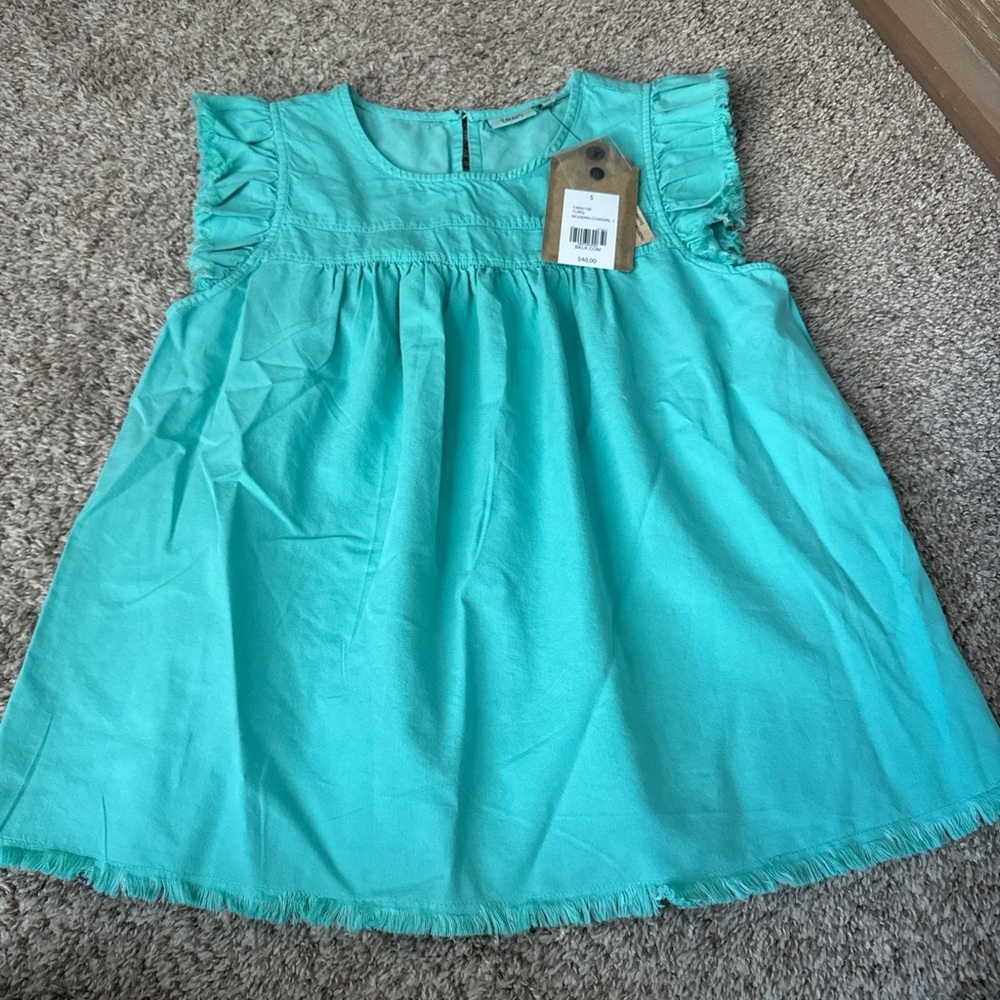 True Craft Turquoise Ruffle Sleeve Blouse
